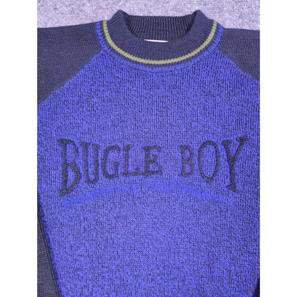 Vintage Bugle Boy Knit Sweater Mens XL‎ Blue Black 90s Embroidered Logo Pullover